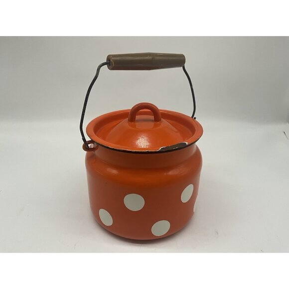 Enamel VTG  6 Inch High Mllk Can or Milk Churn Red/Orange w/White Polka Dots - Picture 16 of 16